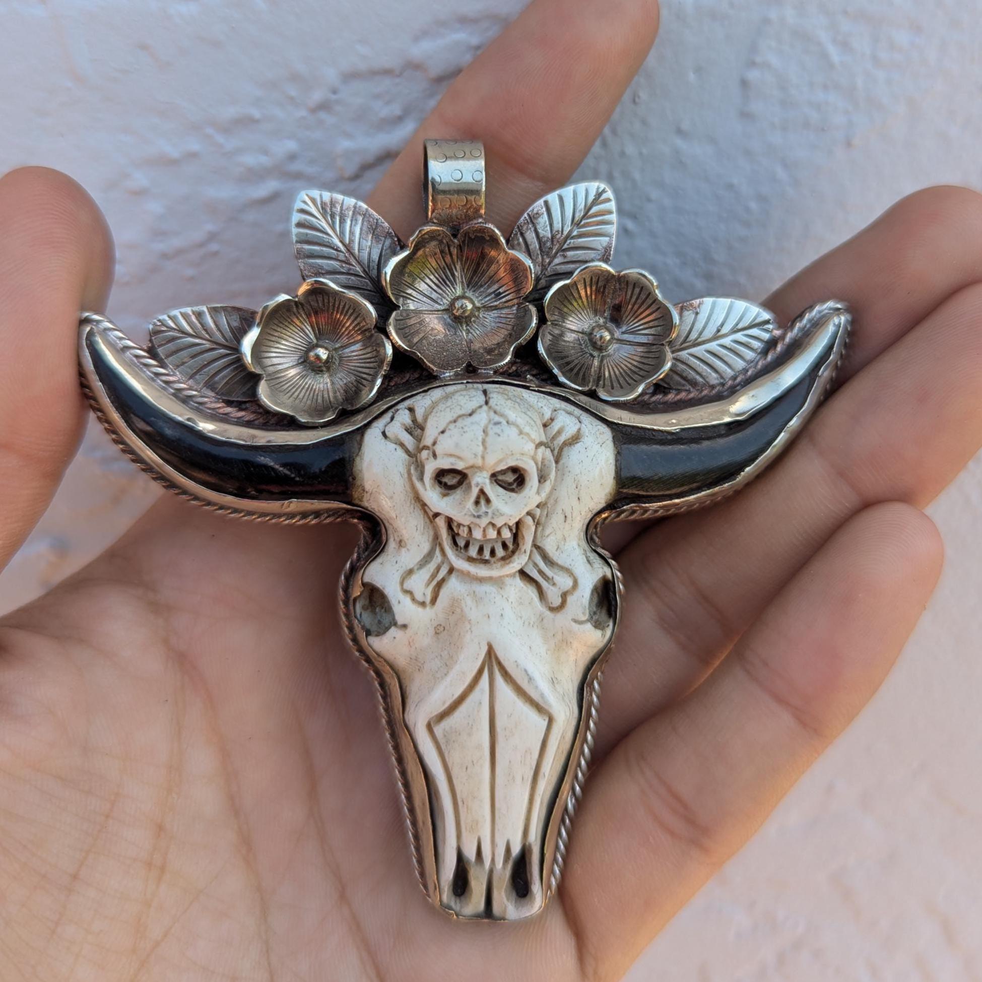 Hand-Carved Buffalo Bone Skull Pendant: Tibetan Silver Floral Bull Head FA03
