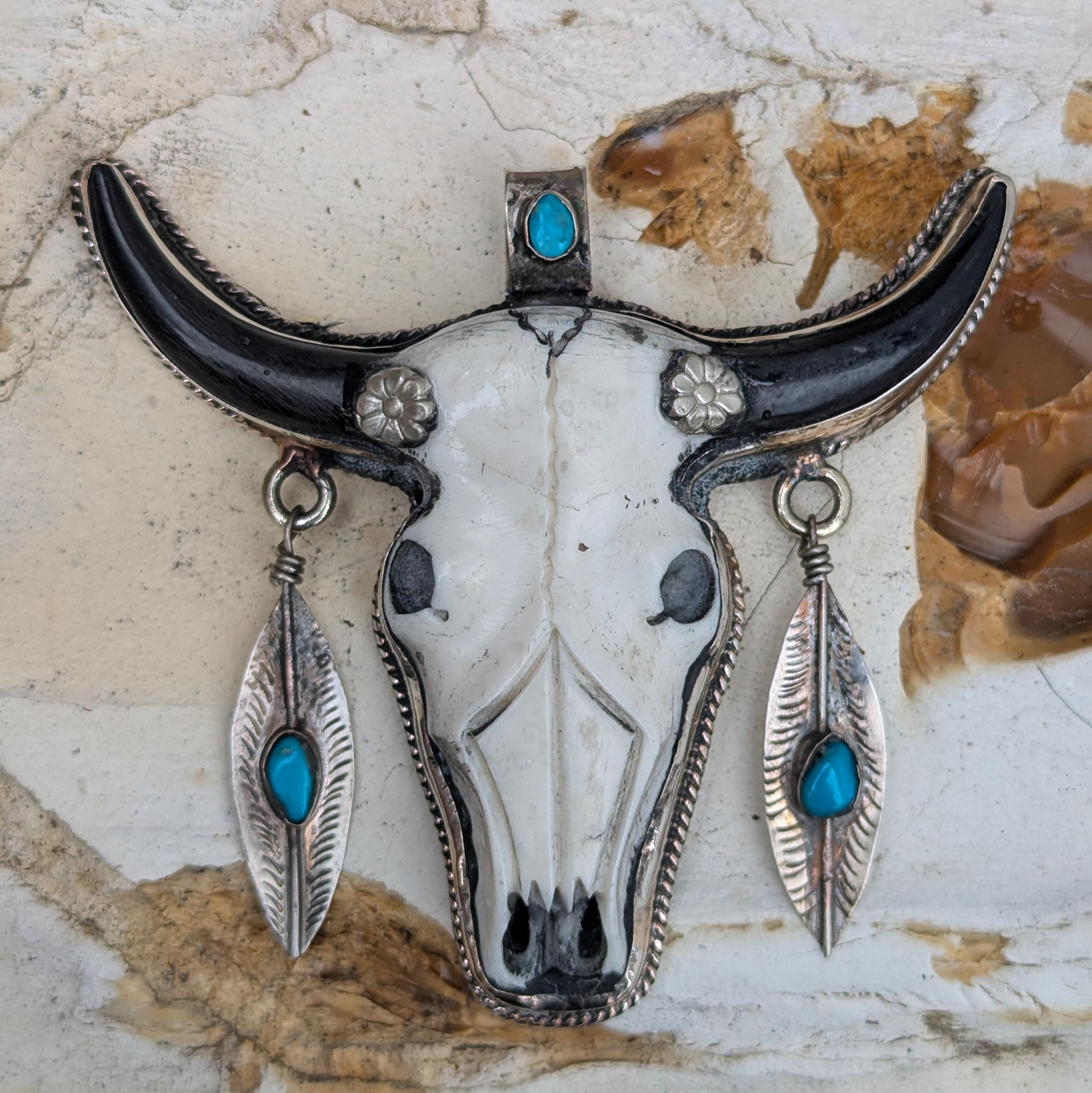 Hand-Carved Buffalo Bone Skull Pendant: Tibetan Silver Floral Bull Head (CB-108)