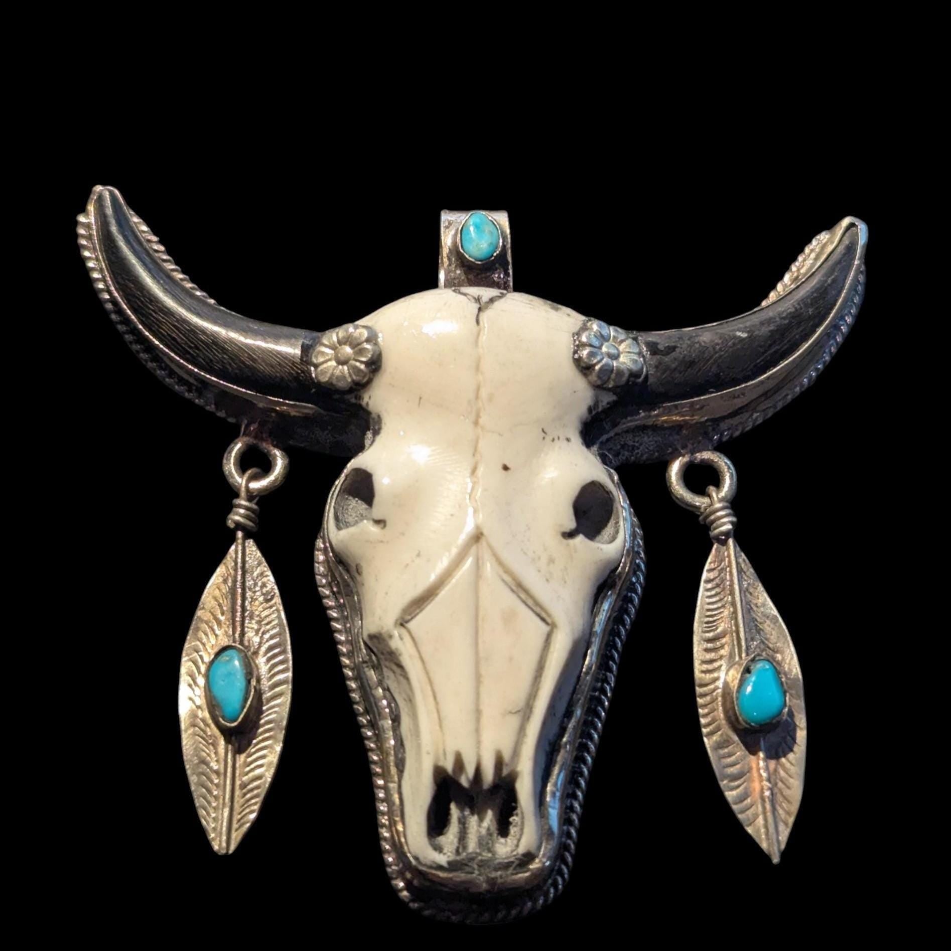 Hand-Carved Buffalo Bone Skull Pendant: Tibetan Silver Floral Bull Head (CB-108)