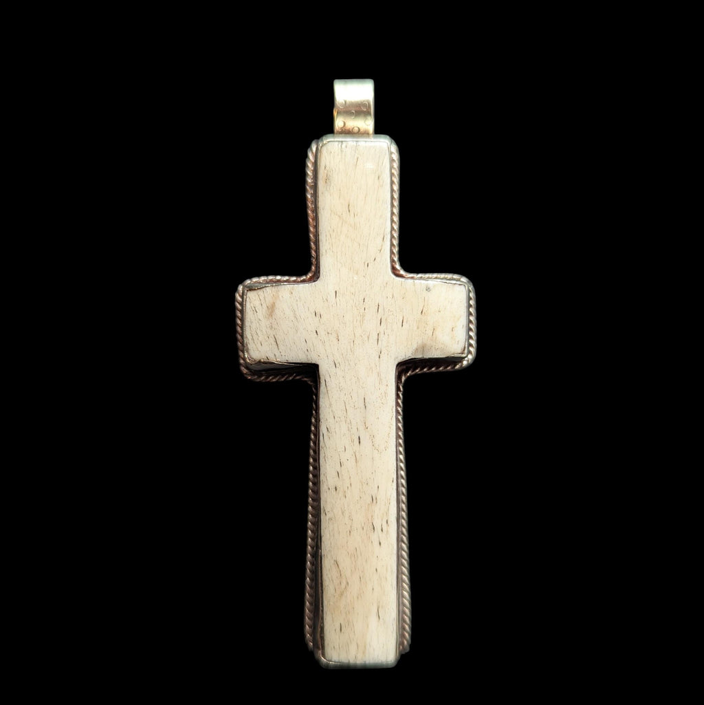 Handmade White Bone Cross Pendant, Tibetan-Inspired Necklace, Detailed Back Carving, Spiritual Jewelry PE102-B