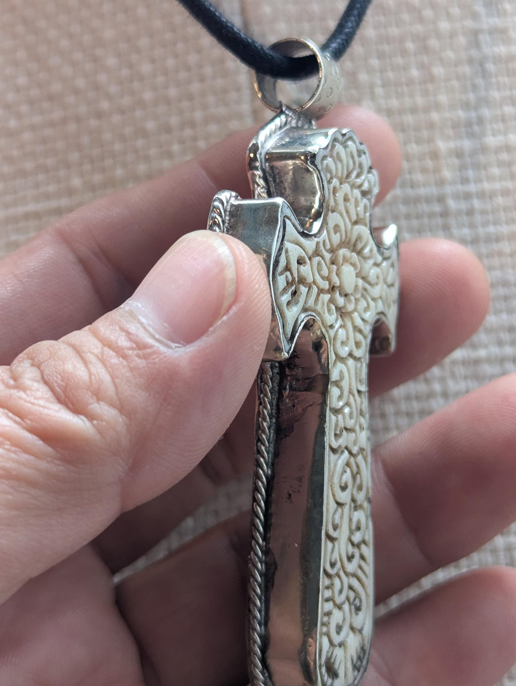 Hand Carved Bone Cross Pendant, Tibetan Inspired Spiritual Necklace