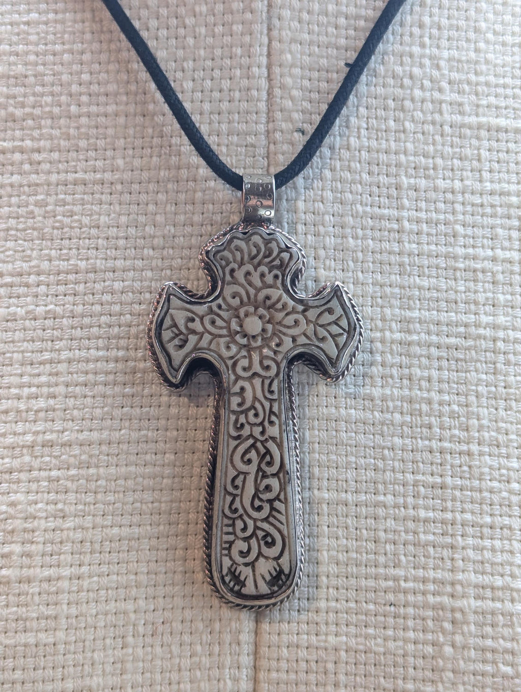 Hand Carved Bone Cross Pendant, Tibetan Inspired Spiritual Necklace
