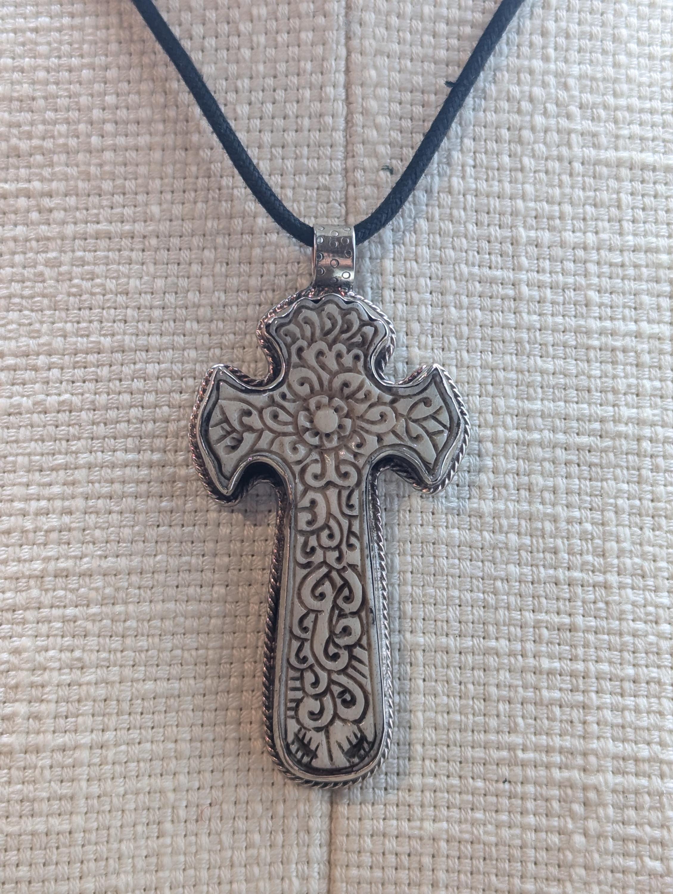 Hand Carved Bone Cross Pendant, Tibetan Inspired Spiritual Necklace