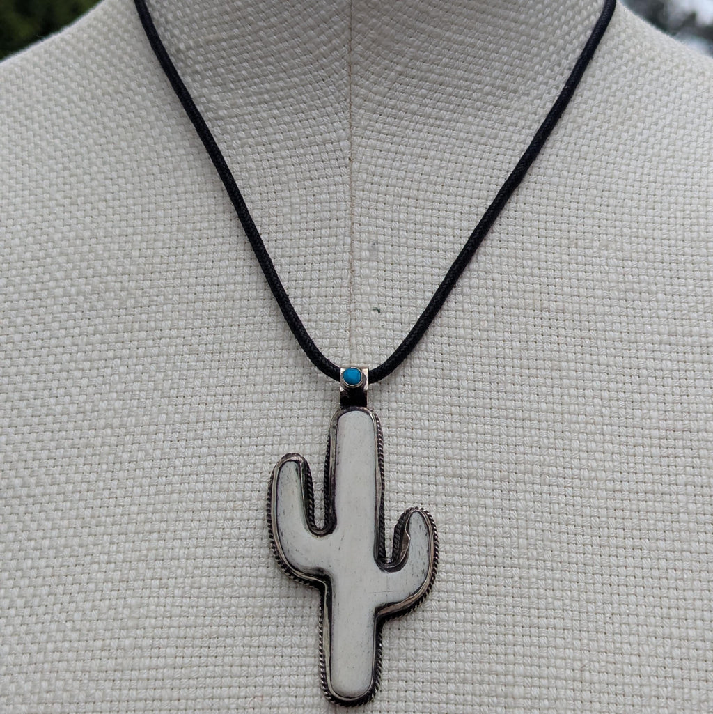Hand-carved bone Southwest cactus Pendant, Tibetan-inspired spiritual necklace CB-127-B
