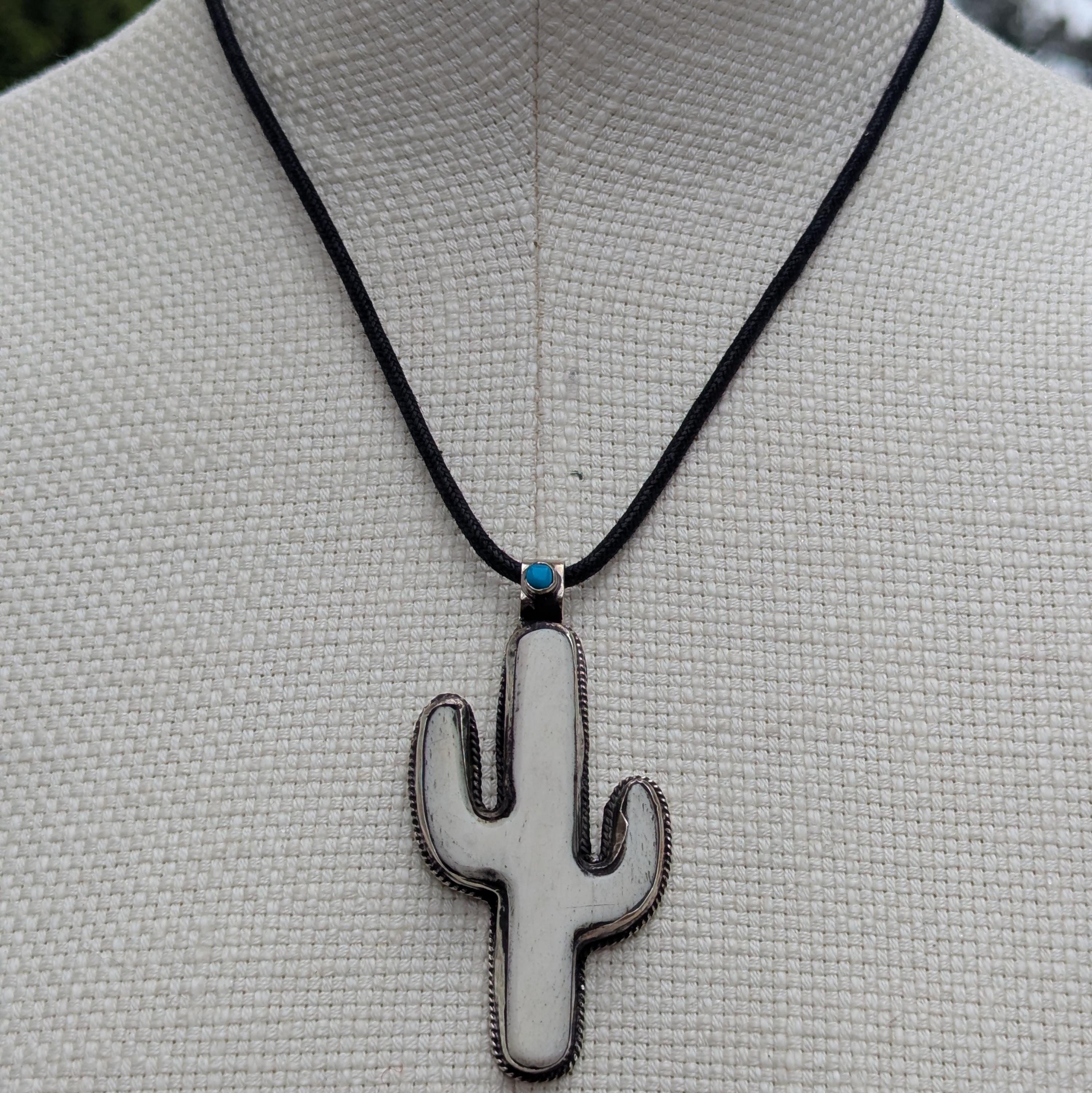 Hand-carved bone Southwest cactus Pendant, Tibetan-inspired spiritual necklace CB-127-B