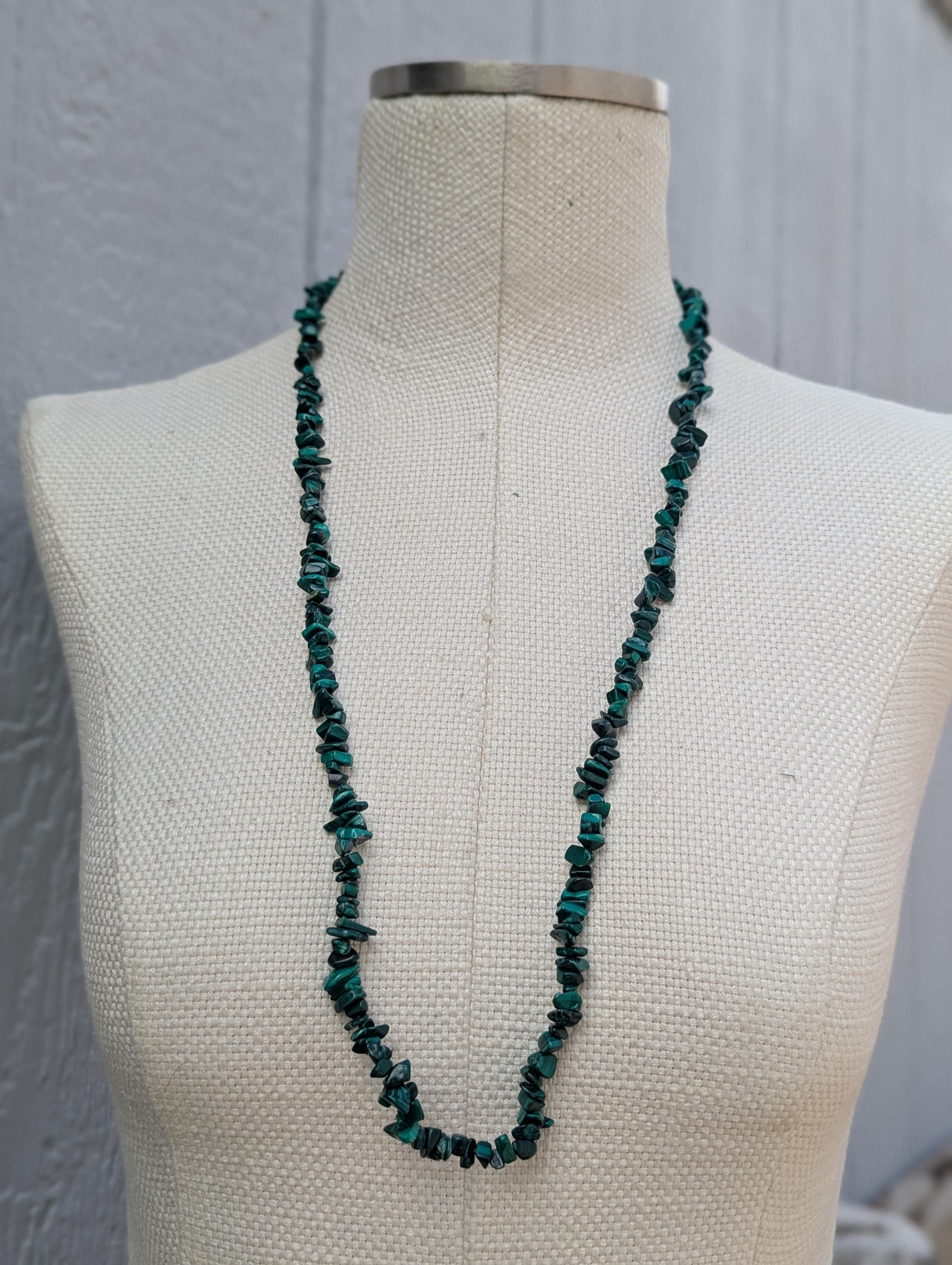 Original Malachite Bead Chip Strands Necklace, Artisan-Crafted Statement Jewelry, 16-Inch Length (BBR2)