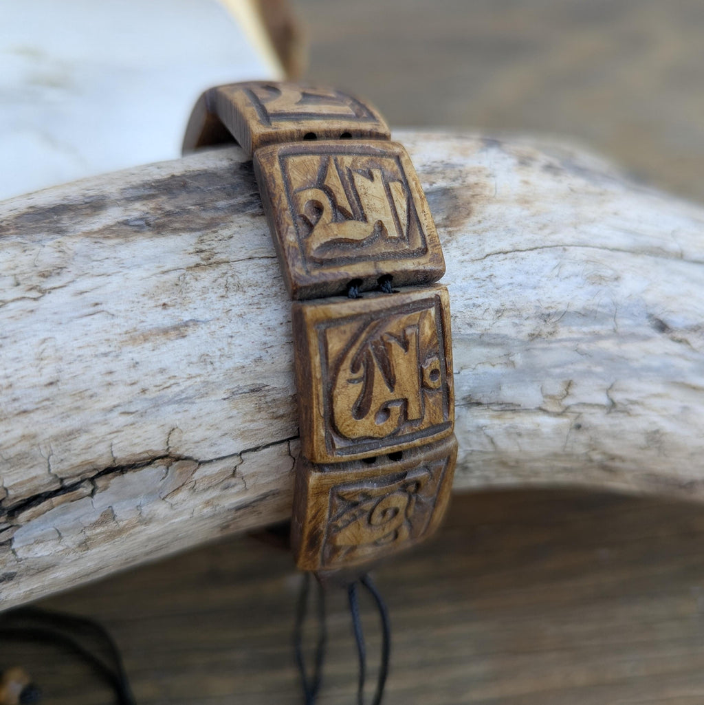 Hand-Carved Yak Bone Bracelet, Tibetan Om Mantra, Adjustable Spirit Jewelry (BBR1A)