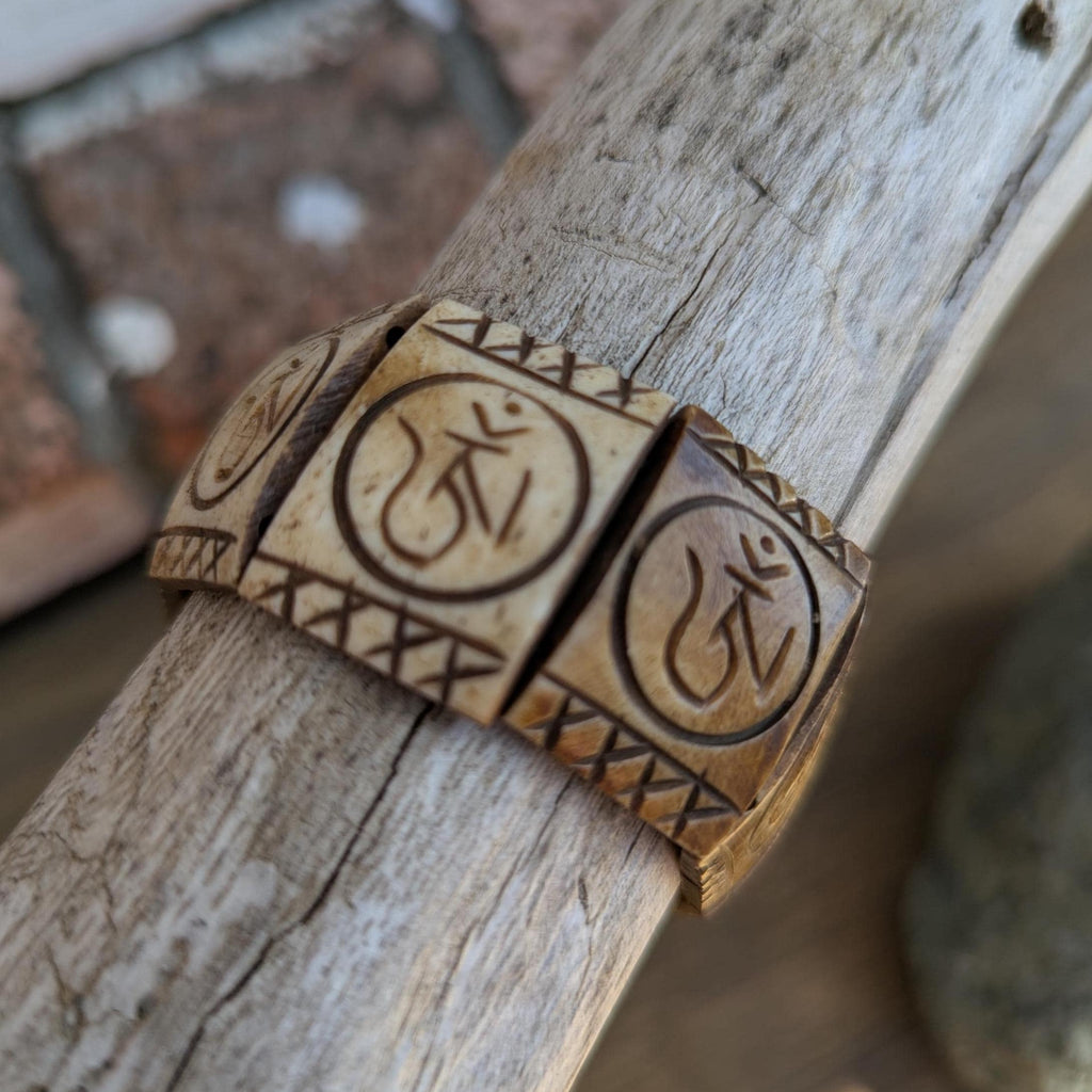 Recycled Yak Bone Bracelet, Hand-Carved Om Symbol, Adjustable Tibetan Jewelry (BBR1C)