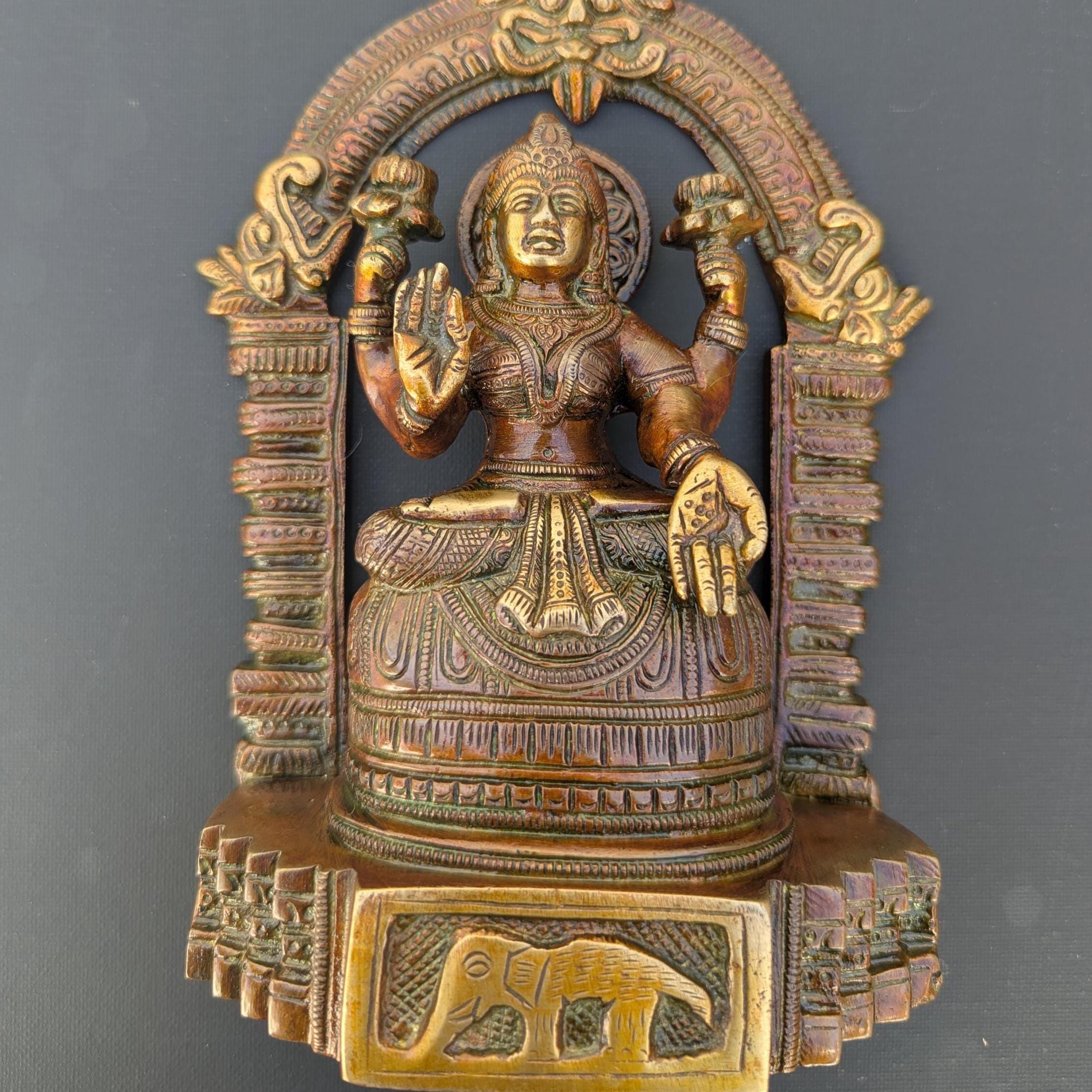 Brass Lakshmi Deity Statue, Hindu Goddess of Abundance, Vintage Arch Design