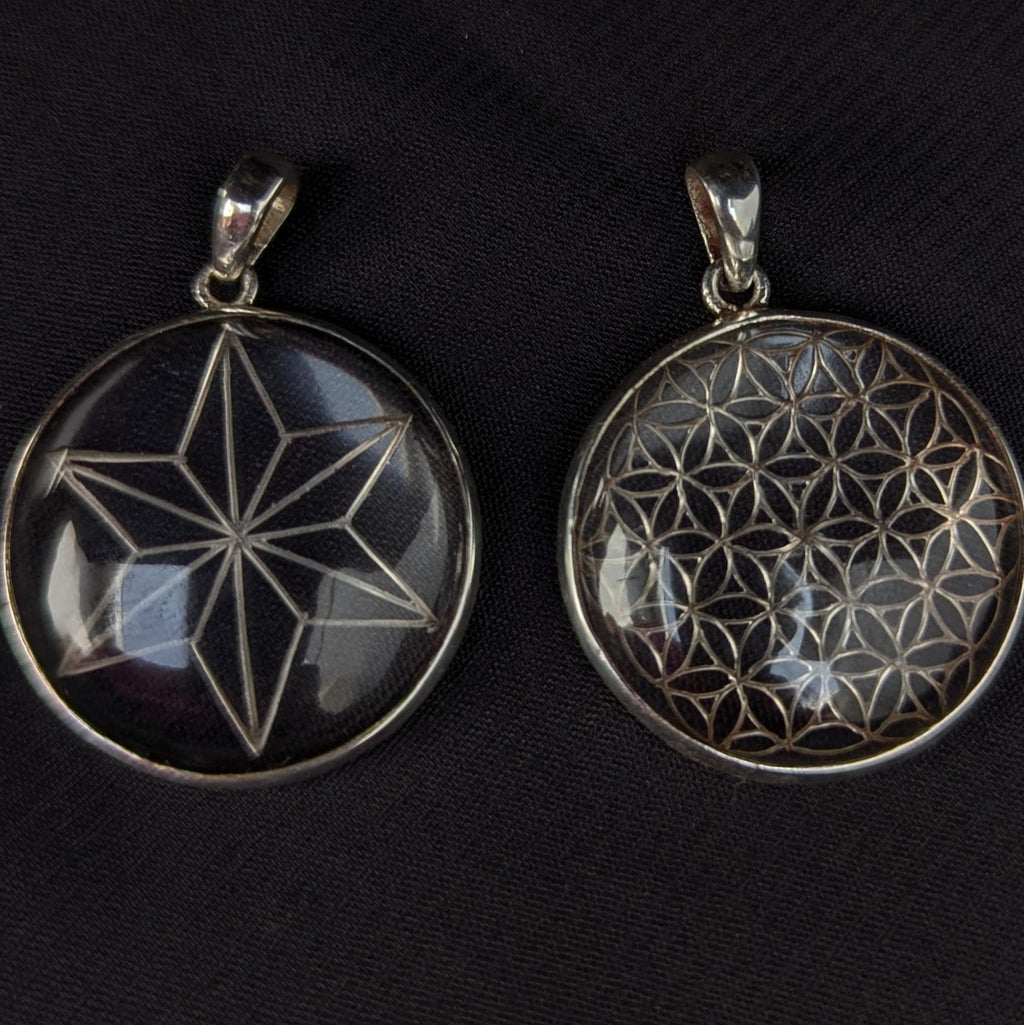 Himalayan Quartz Pendant—Flower of life/Nautical star Symbol: Sterling Silver, High-Altitude Clarity, (P7-67C)