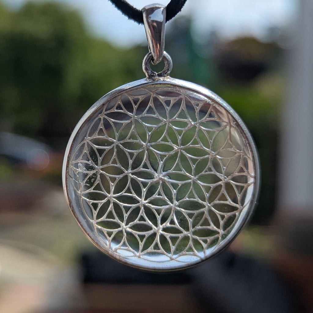 Himalayan Quartz Pendant—Flower of life/Nautical star Symbol: Sterling Silver, High-Altitude Clarity, (P7-67C)