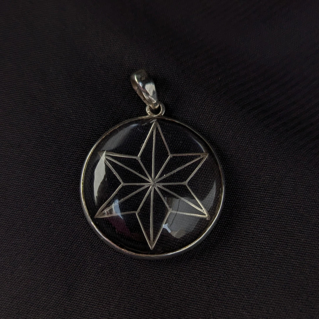 Himalayan Quartz Pendant—Flower of life/Nautical star Symbol: Sterling Silver, High-Altitude Clarity, (P7-67C)