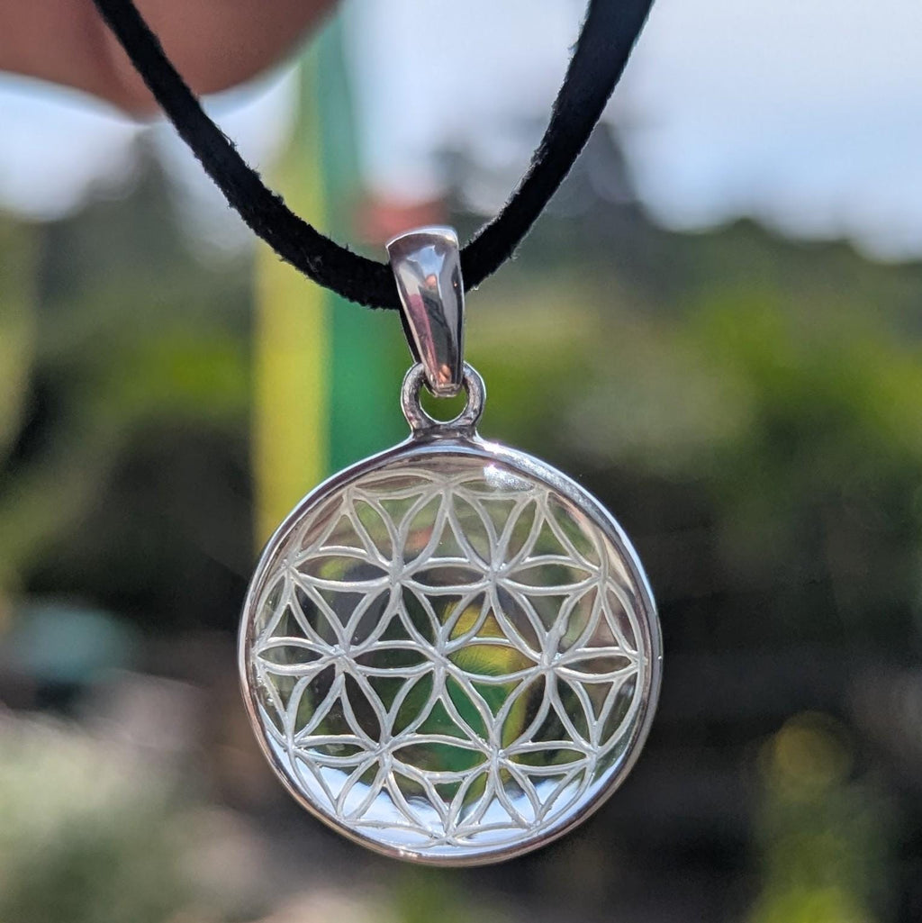 Himalayan Quartz Pendant – Sterling Silver Flower of Life Charm