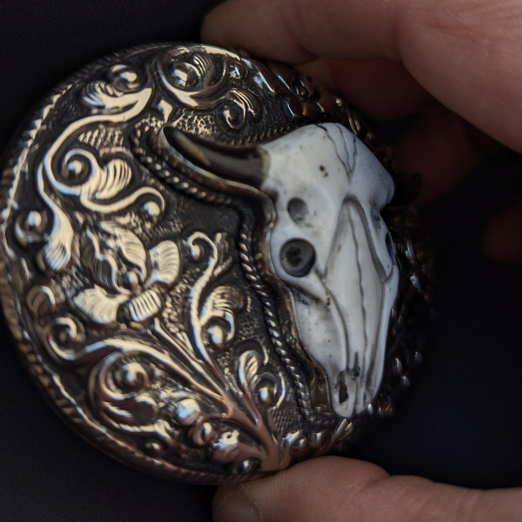 Tibetan Silver Bone Steer Head Belt Buckle, Western Antique Style