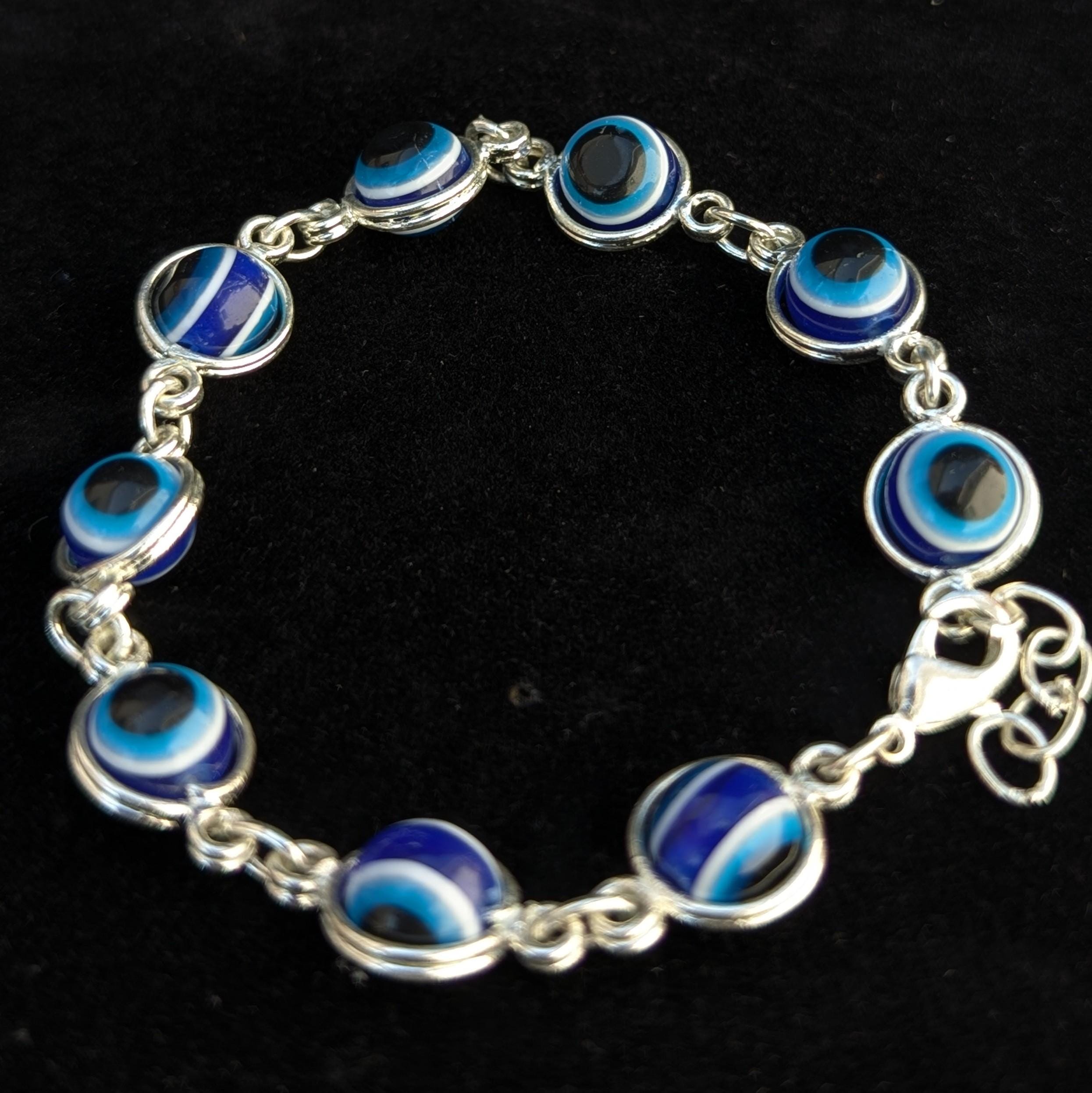 Evil Eye Charm Bracelet, Gold or Silver Color, Acrylic Beads (7"-8")