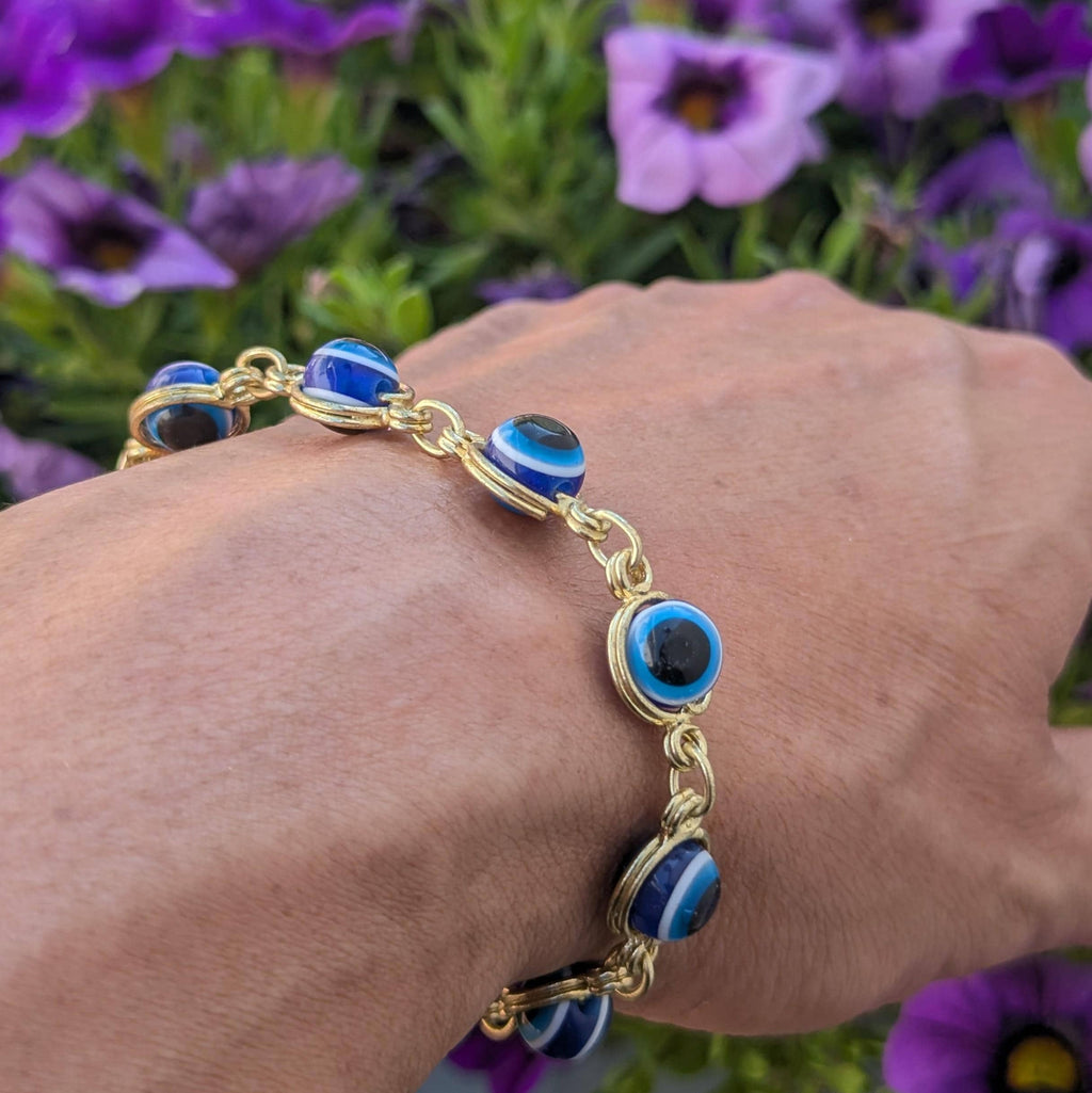 Evil Eye Charm Bracelet, Gold or Silver Color, Acrylic Beads (7"-8")