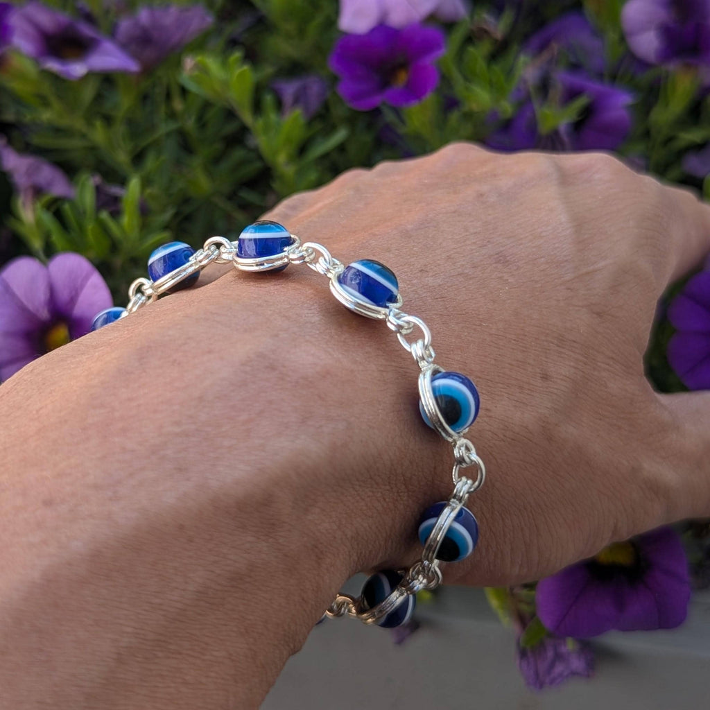 Evil Eye Charm Bracelet, Gold or Silver Color, Acrylic Beads (7"-8")