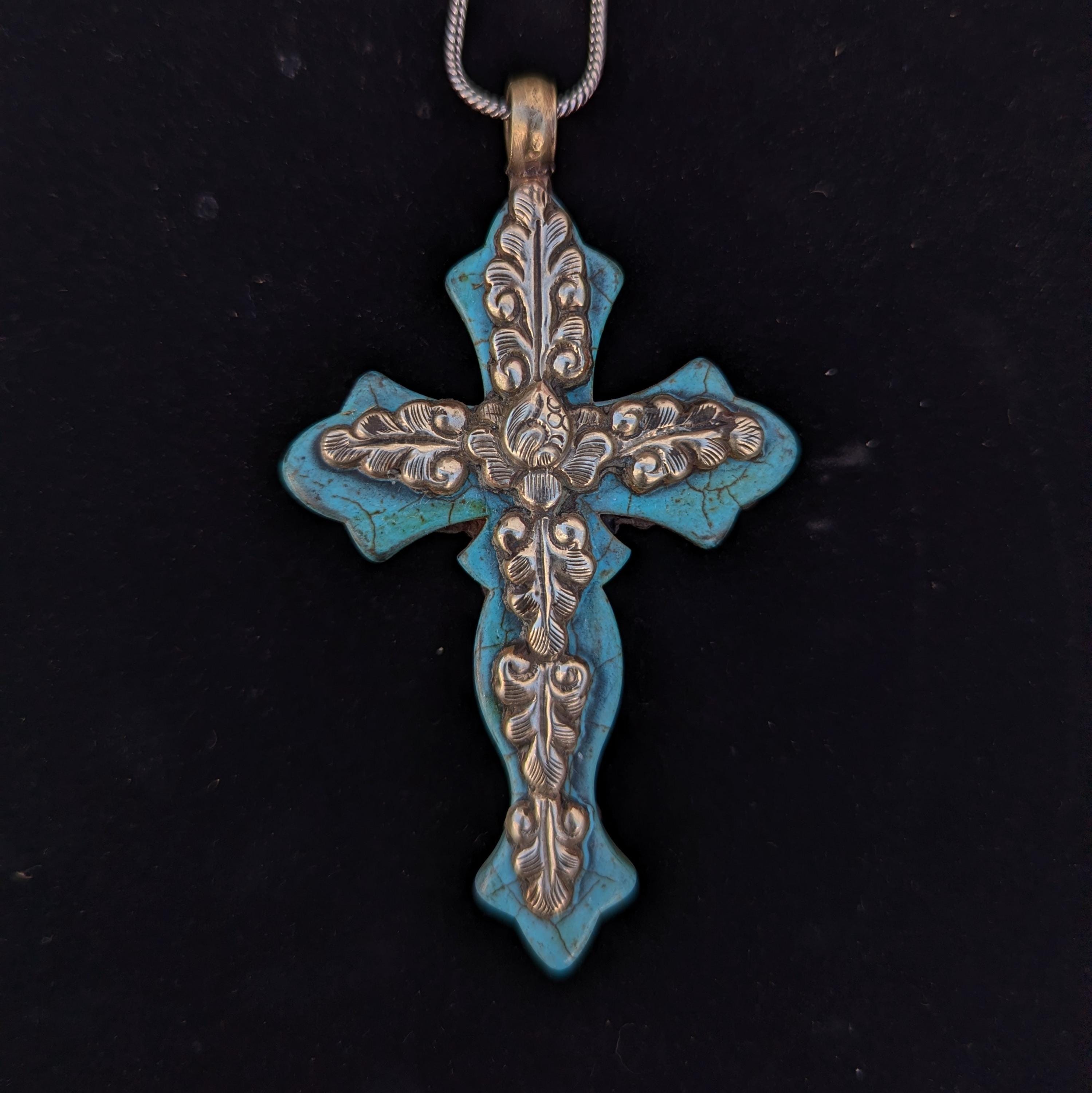 Tibetan Silver Turquoise Cross Pendant, Southwestern Boho Faith Jewelry (P7-69)