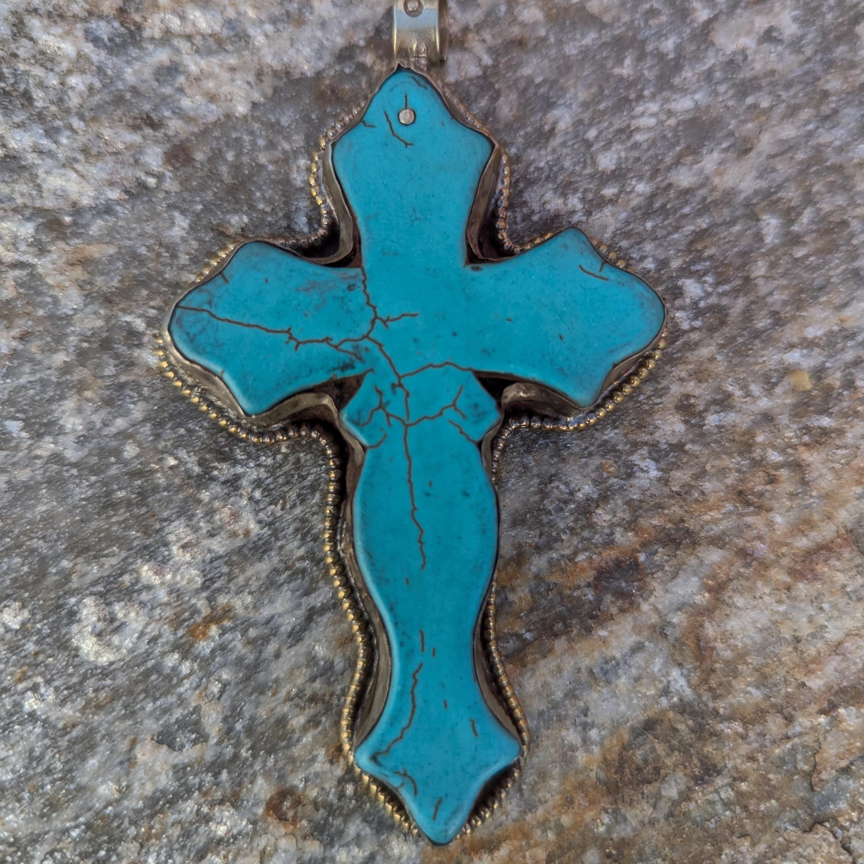 Tibetan Silver Turquoise Cross Pendant, Southwestern Boho Faith Jewelry (P7-69)