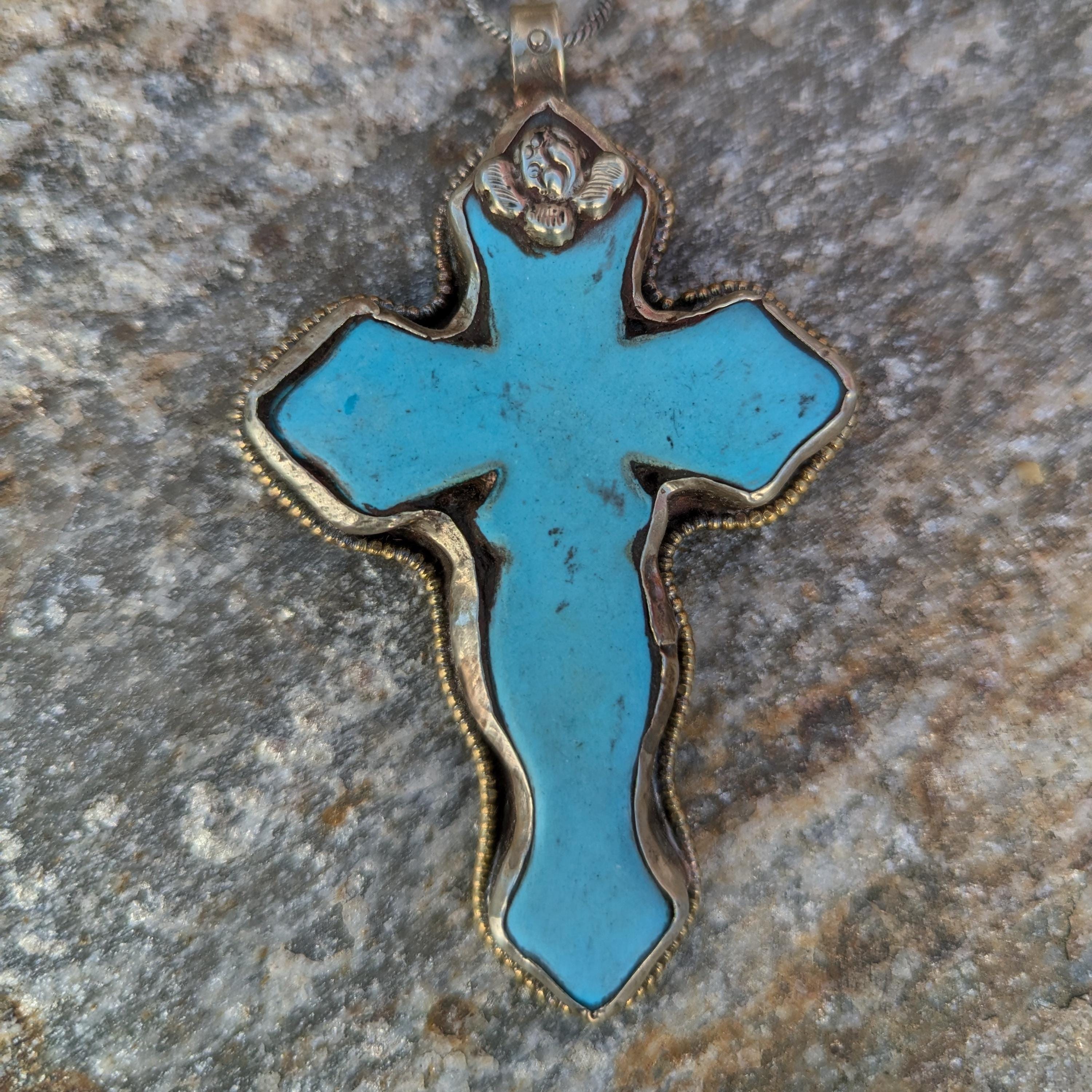 Tibetan Silver Turquoise Cross Pendant, Southwestern Boho Faith Jewelry (P7-69)