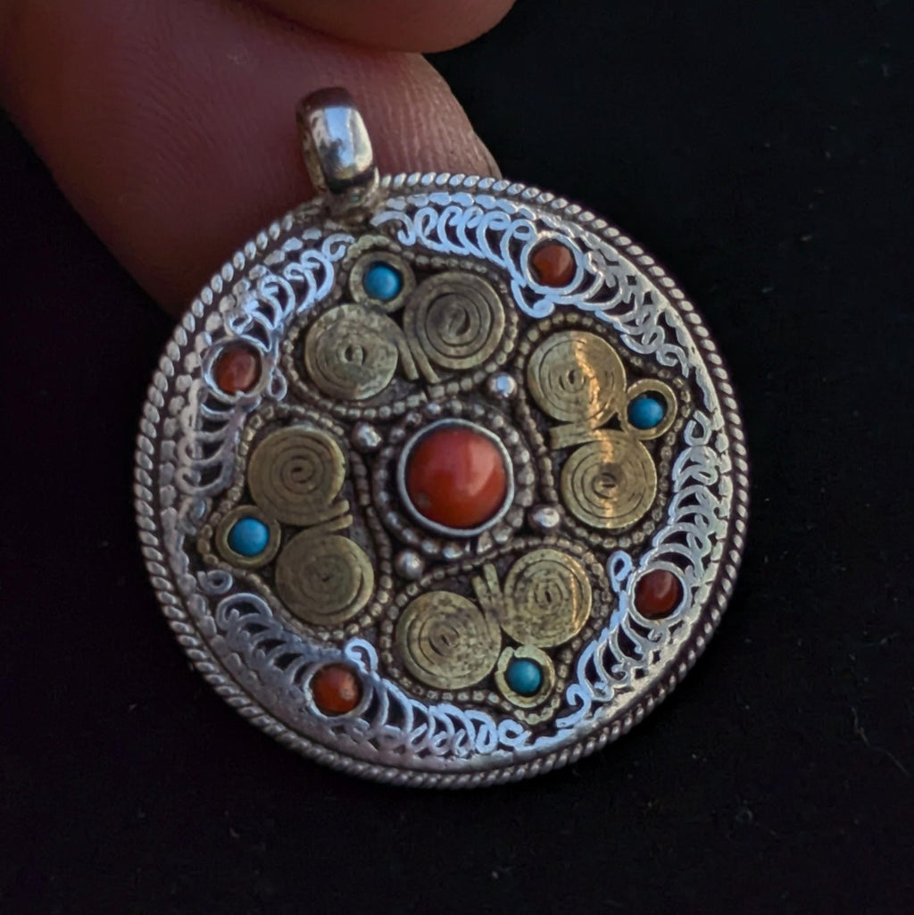 Filigree mandala with coral and Turquoise Pendant.(T1103-006)