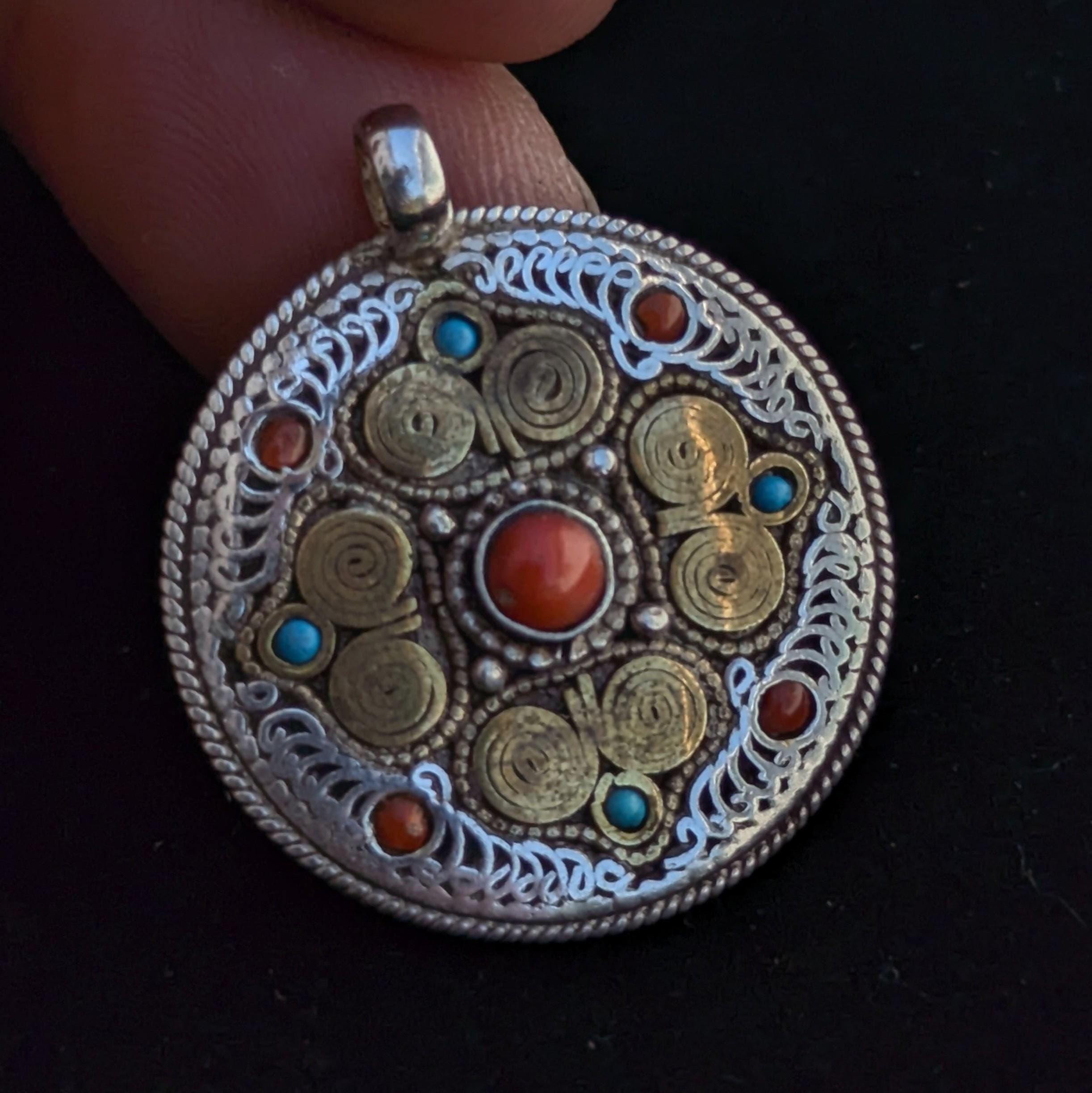 Filigree mandala with coral and Turquoise Pendant.(T1103-006)