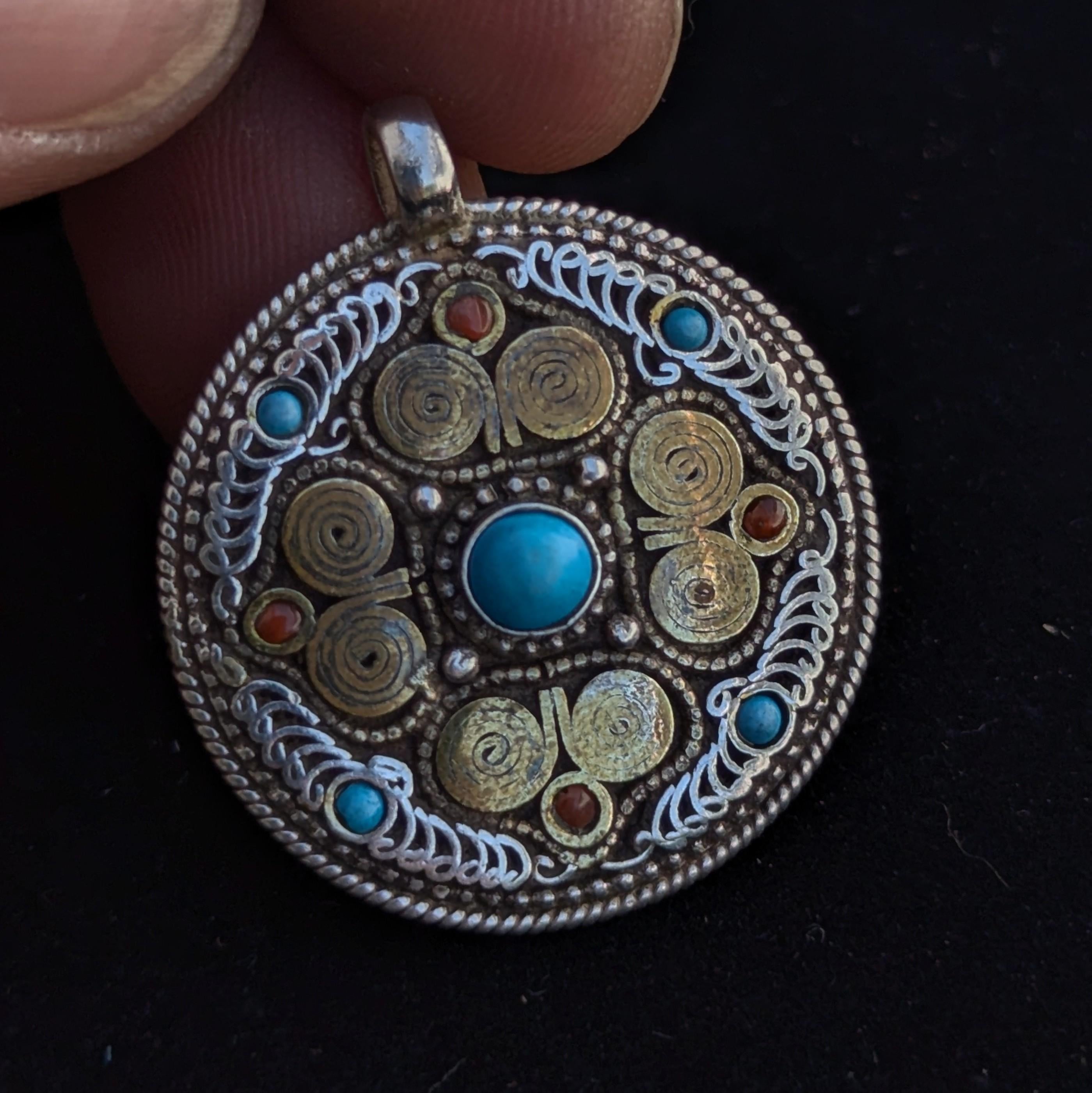 Filigree mandala with coral and Turquoise Pendant.(T1103-006)