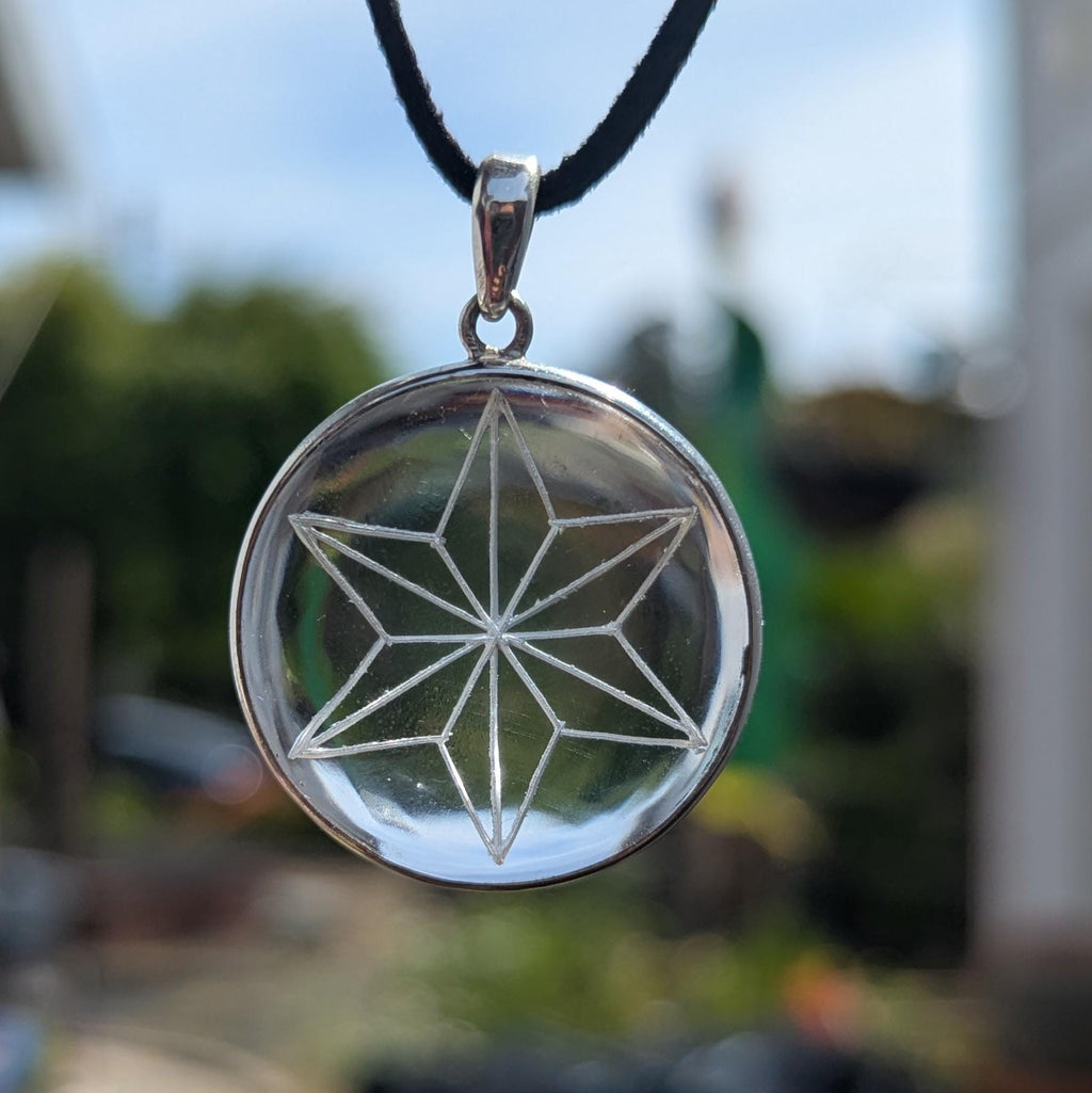 Himalayan Quartz Pendant—Flower of life/Nautical star Symbol: Sterling Silver, High-Altitude Clarity, (P7-67C)