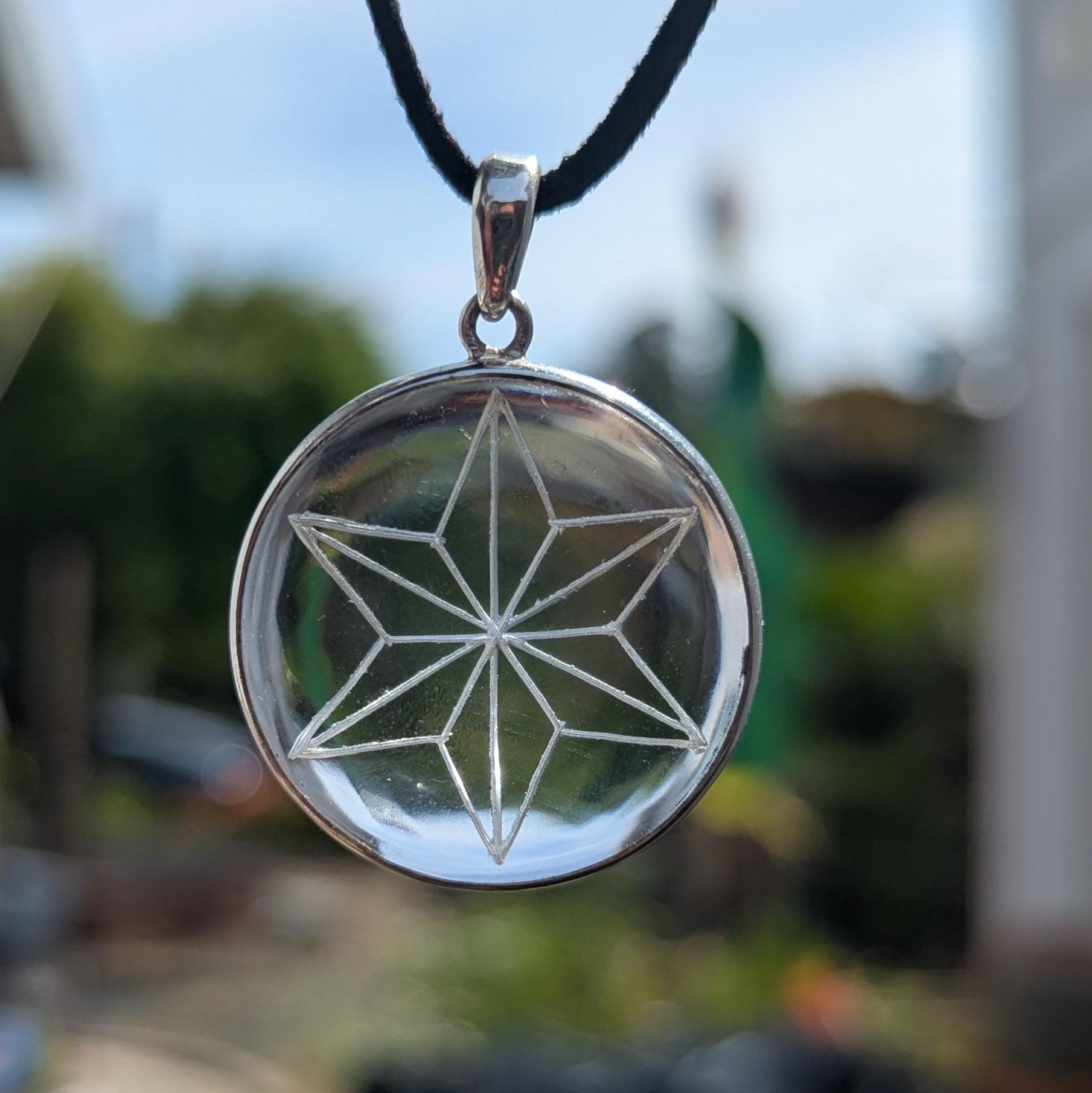 Himalayan Quartz Pendant—Flower of life/Nautical star Symbol: Sterling Silver, High-Altitude Clarity, (P7-67C)