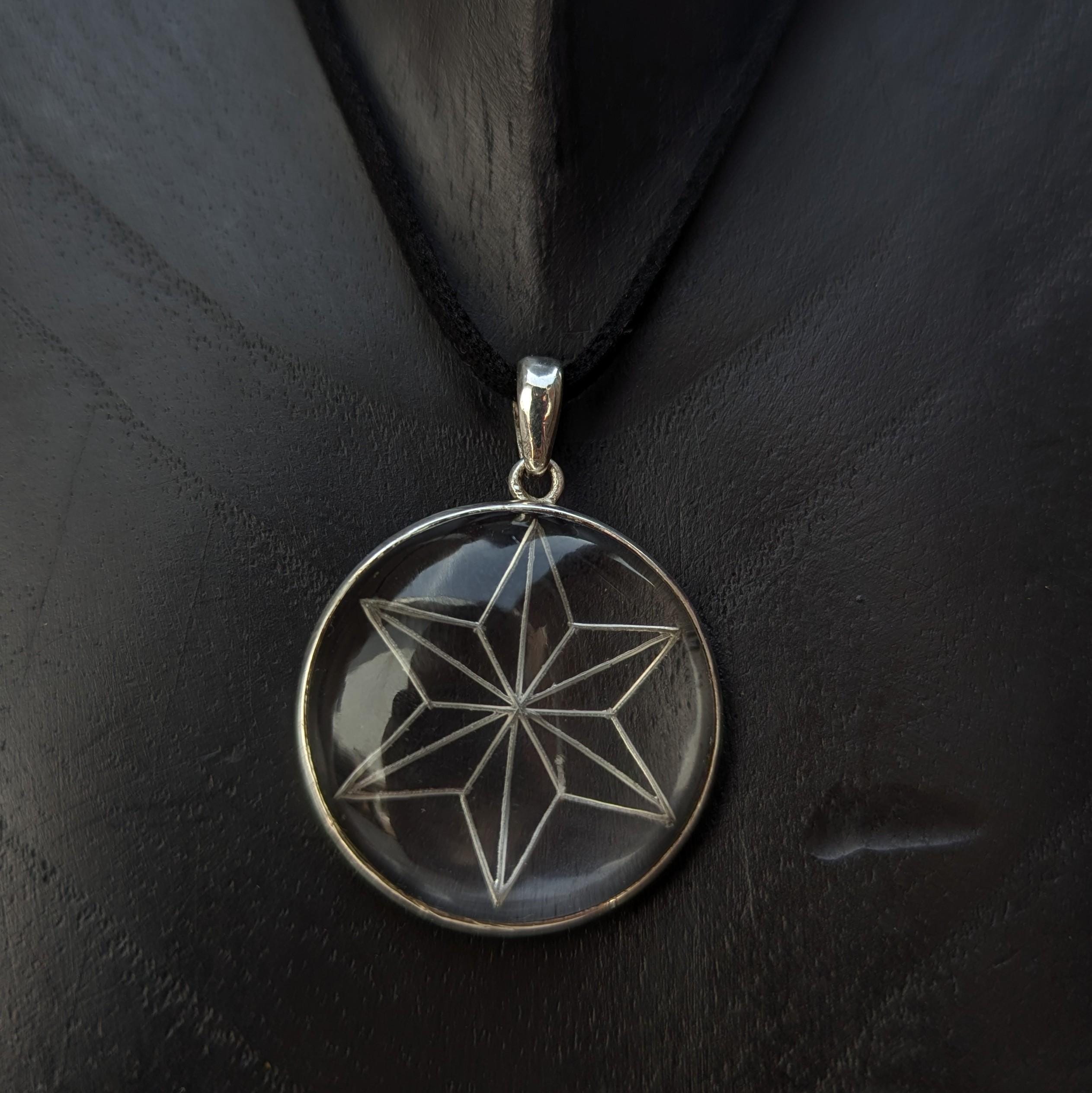 Himalayan Quartz Pendant—Flower of life/Nautical star Symbol: Sterling Silver, High-Altitude Clarity, (P7-67C)