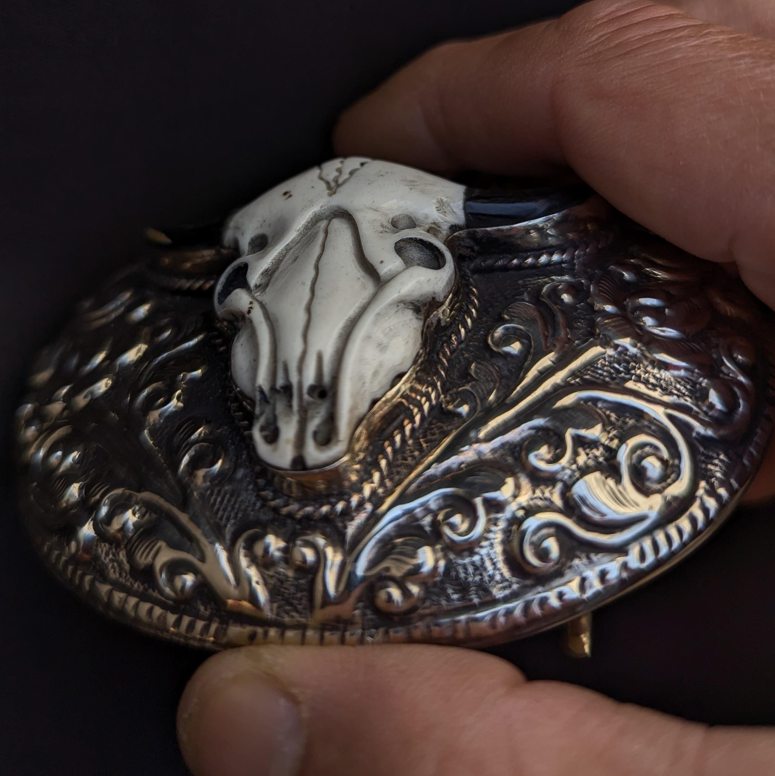 Tibetan Silver Bone Steer Head Belt Buckle, Western Antique Style