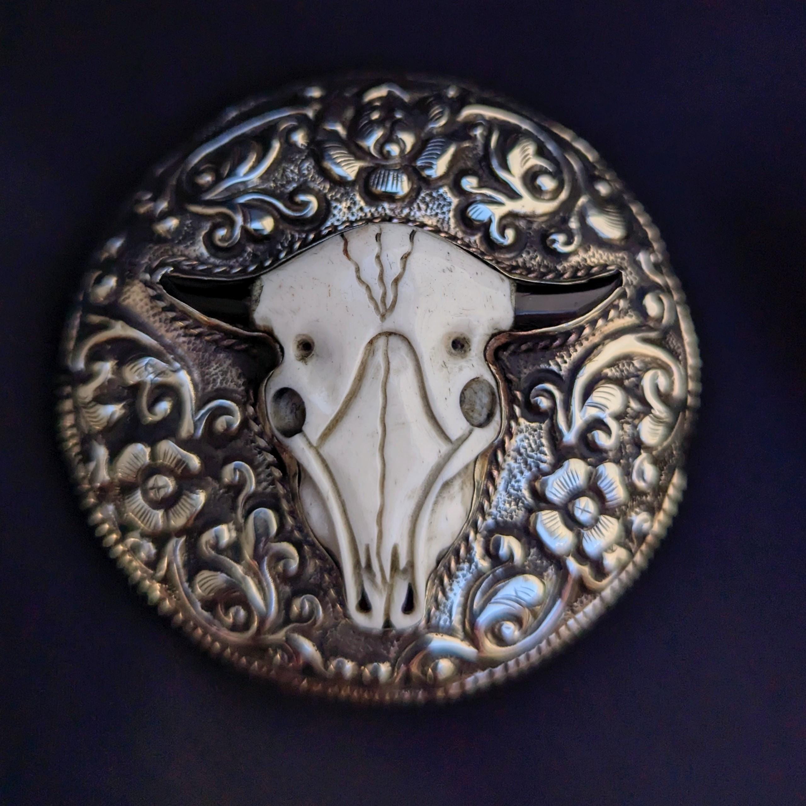 Tibetan Silver Bone Steer Head Belt Buckle, Western Antique Style