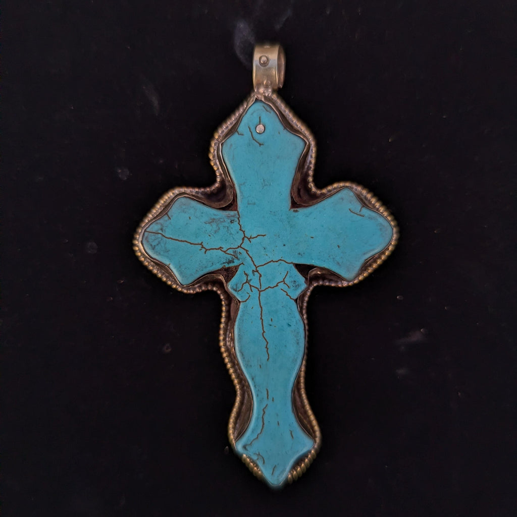 Tibetan Silver Turquoise Cross Pendant, Southwestern Boho Faith Jewelry (P7-69)