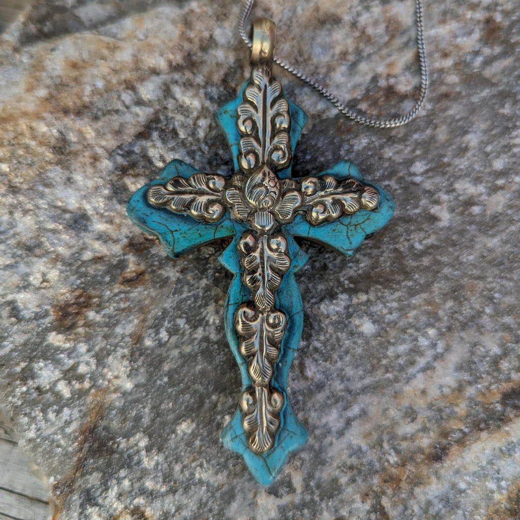 Tibetan Silver Turquoise Cross Pendant, Southwestern Boho Faith Jewelry (P7-69)