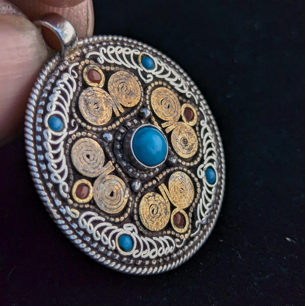 Filigree mandala with coral and Turquoise Pendant.(T1103-006)