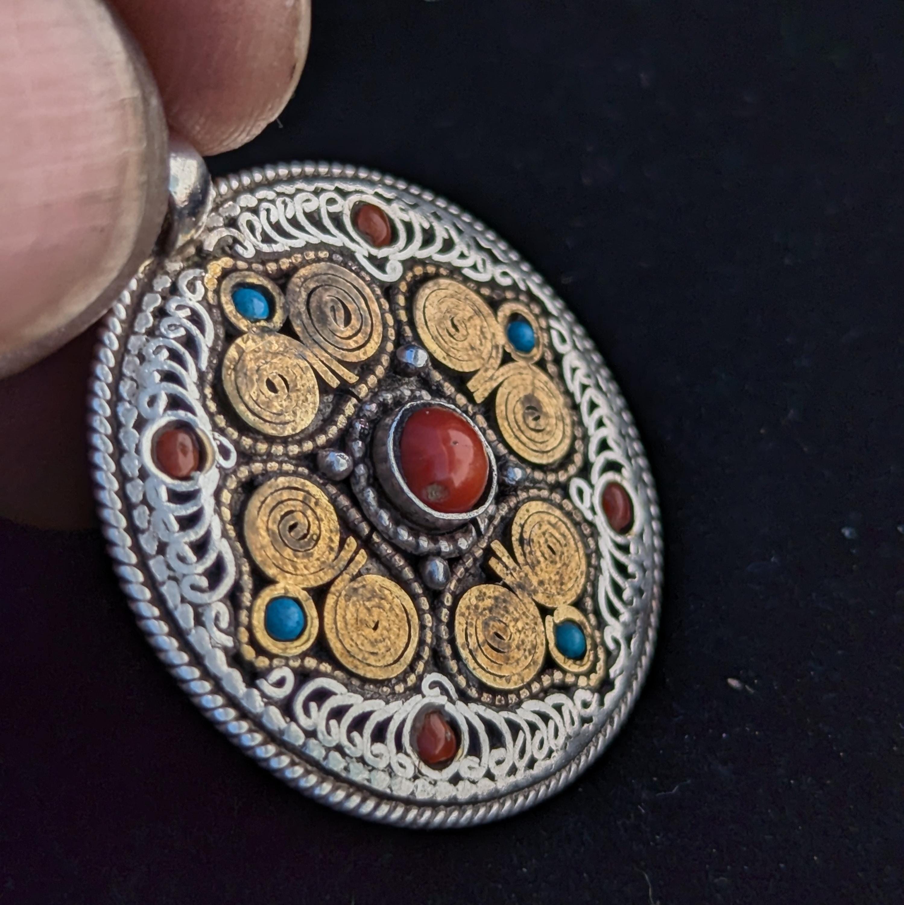 Filigree mandala with coral and Turquoise Pendant.(T1103-006)